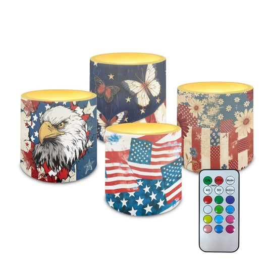 NETILGEN American Flag Eagle Daisy 3 inch Flameless LED Candles with Remote Timer Set of 4 July 4th Independence Day Decor Realistic Flickering Flameless Candles with Battery Powered
