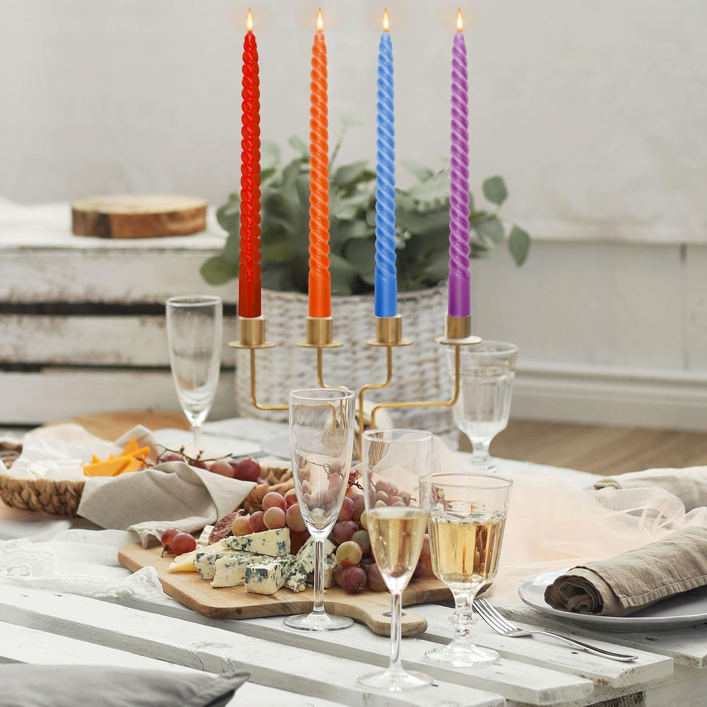 Whaline 12Pcs 10 Inch Rainbow Spiral Taper Candles 6 Colors Dripless Twisted Wax Candles Long Unscented Candle Sticks for Pride Events Wedding Displays Home Dining Table Supplies