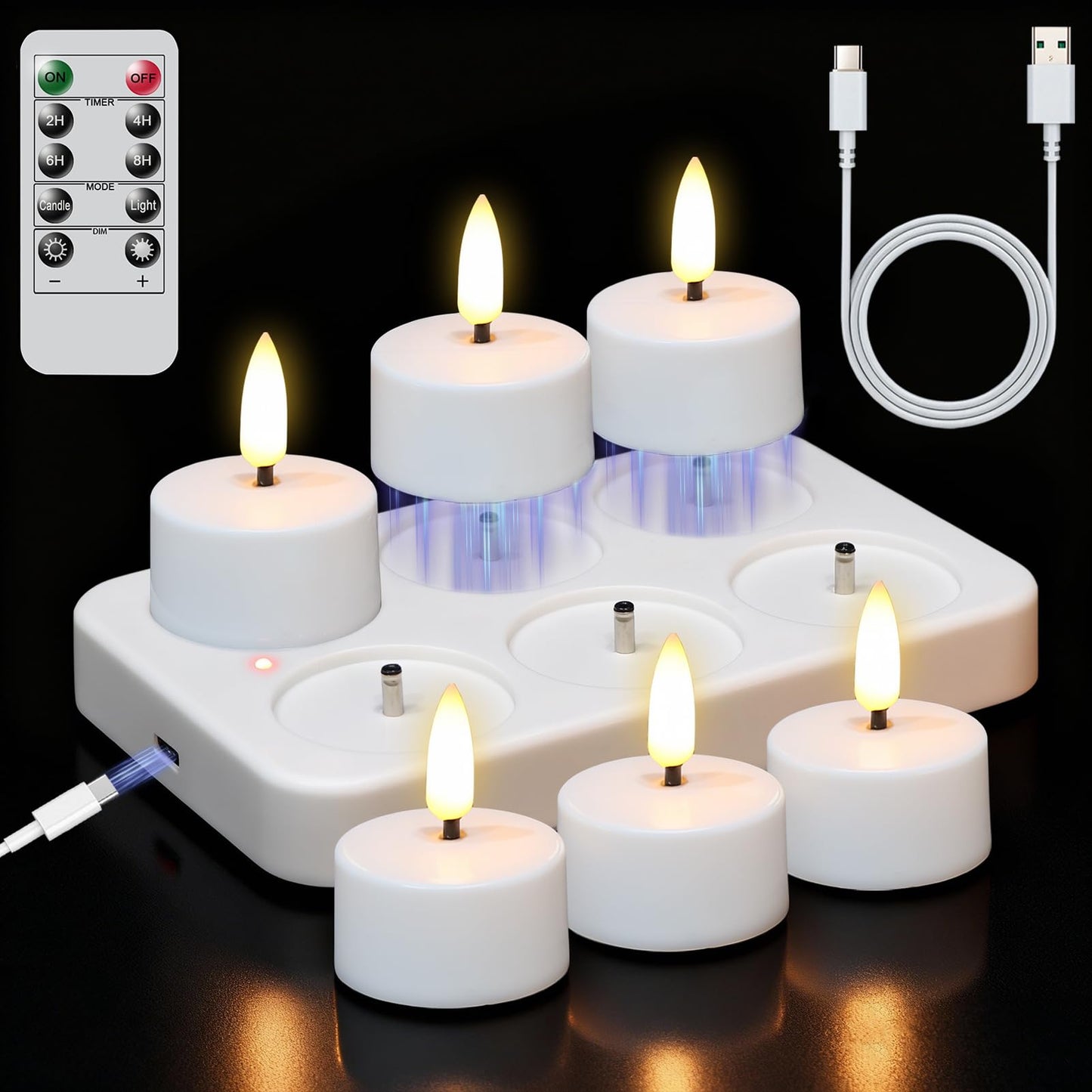 Lasumora Rechargeable Tea Lights Candles with Charging Base, 6pcs Battery Operated LED Flameless Candles with Remote & Timer, Flickering Tea Lights for Halloween Wedding and Home Decor Φ1.57 H1.85