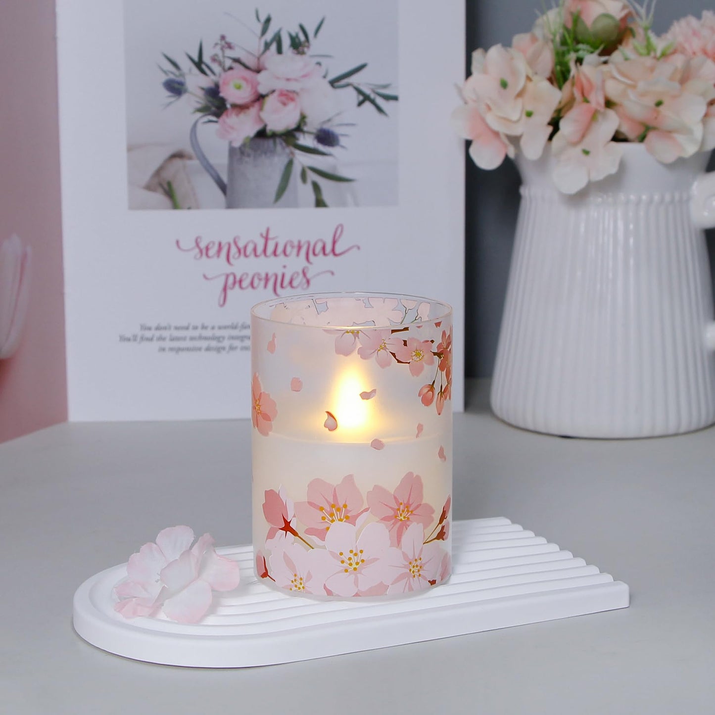 Mavandes Flameless Flickering Glass Candles with Remote and Timer,Cherry Blossoms LED Battery Operated Real Wax Set of 3 Realistic Wick Electric Pillar Candles,Warm Fire(3 x 4, 5, 6 Inches)