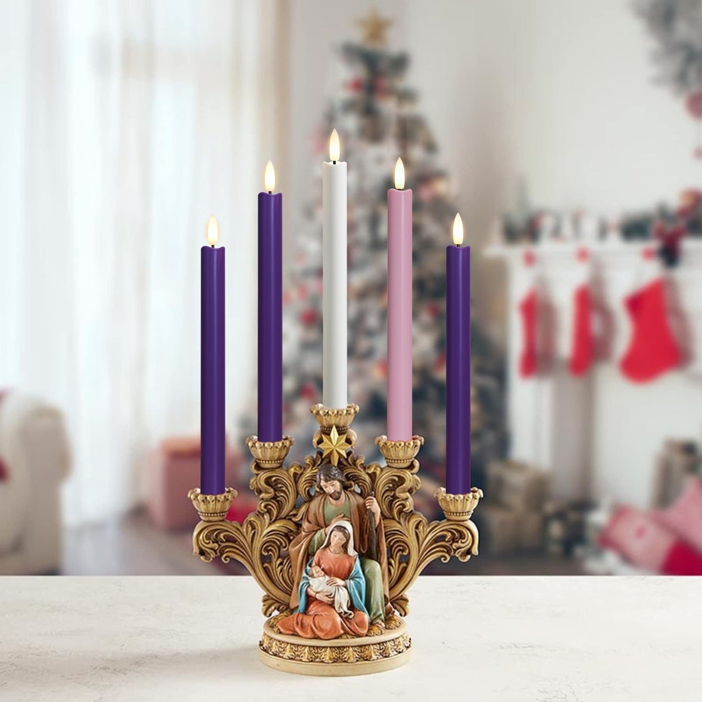 Stmarry Flameless Advent Candles, Set of 5 - Flickering LED Flame, 10 Inch Taper Candlesticks, Remote Controlled - 3 Purple, 1 Pink, 1 White for Christmas Wreath