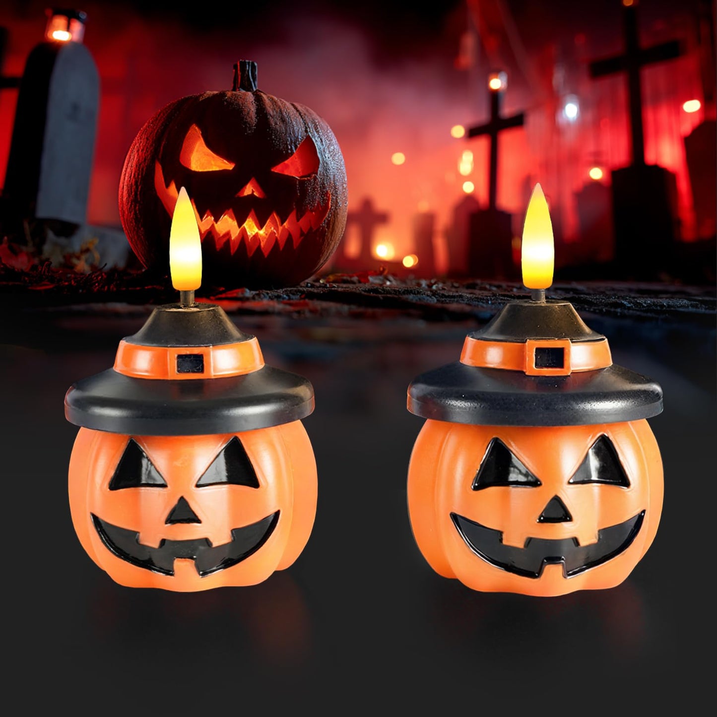 Homemory Real Wax Pumpkin Candles, 2 Pcs Flickering Flameless Candles with 6hrs Timer, LED Halloween Pumpkin Lamp, Battery Operated Lights for Home Halloween Decor, Theme Party, Orange