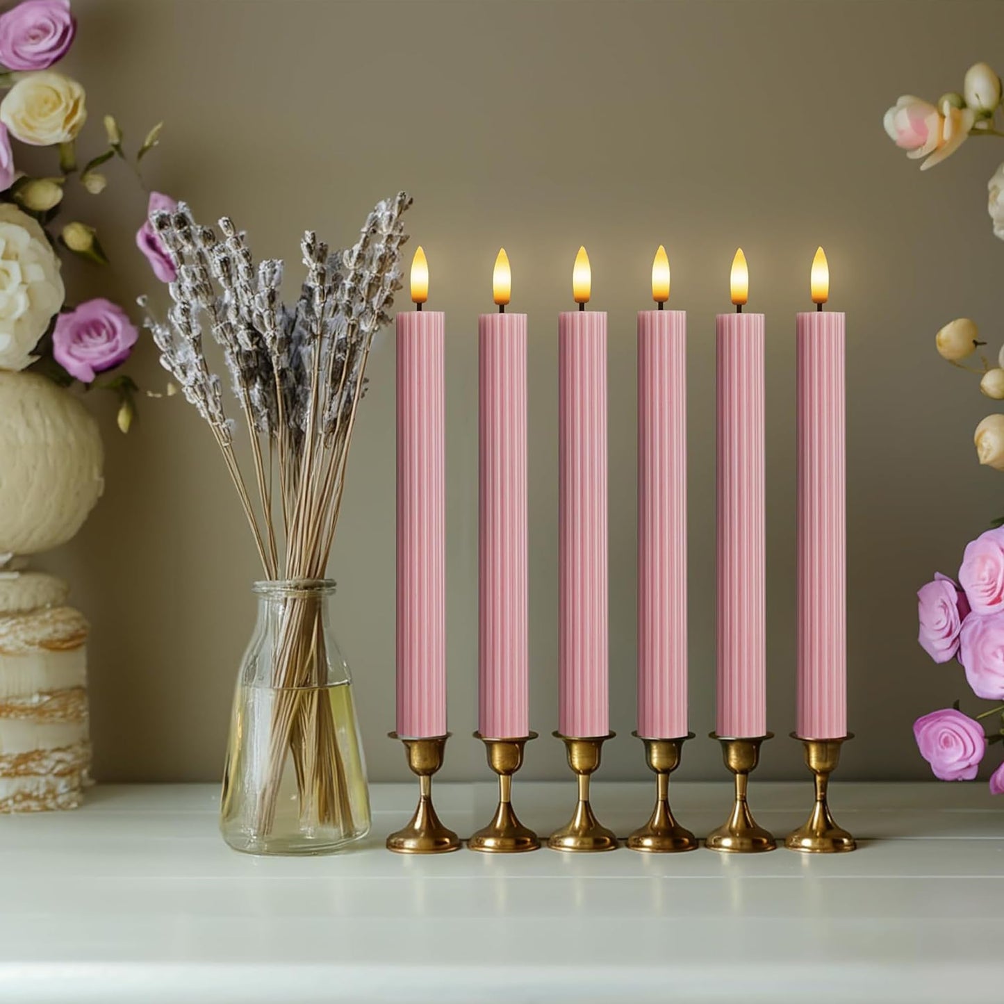 West Ivory 6 Pack, 10" LED Flameless Dusty Rose Fluted Ribbed Grooved Taper Candles, Remote & 24h Timer Memory, On/Off Button, Dimmable, Flicker Mode, Battery Operated, Christmas Menorah Wedding