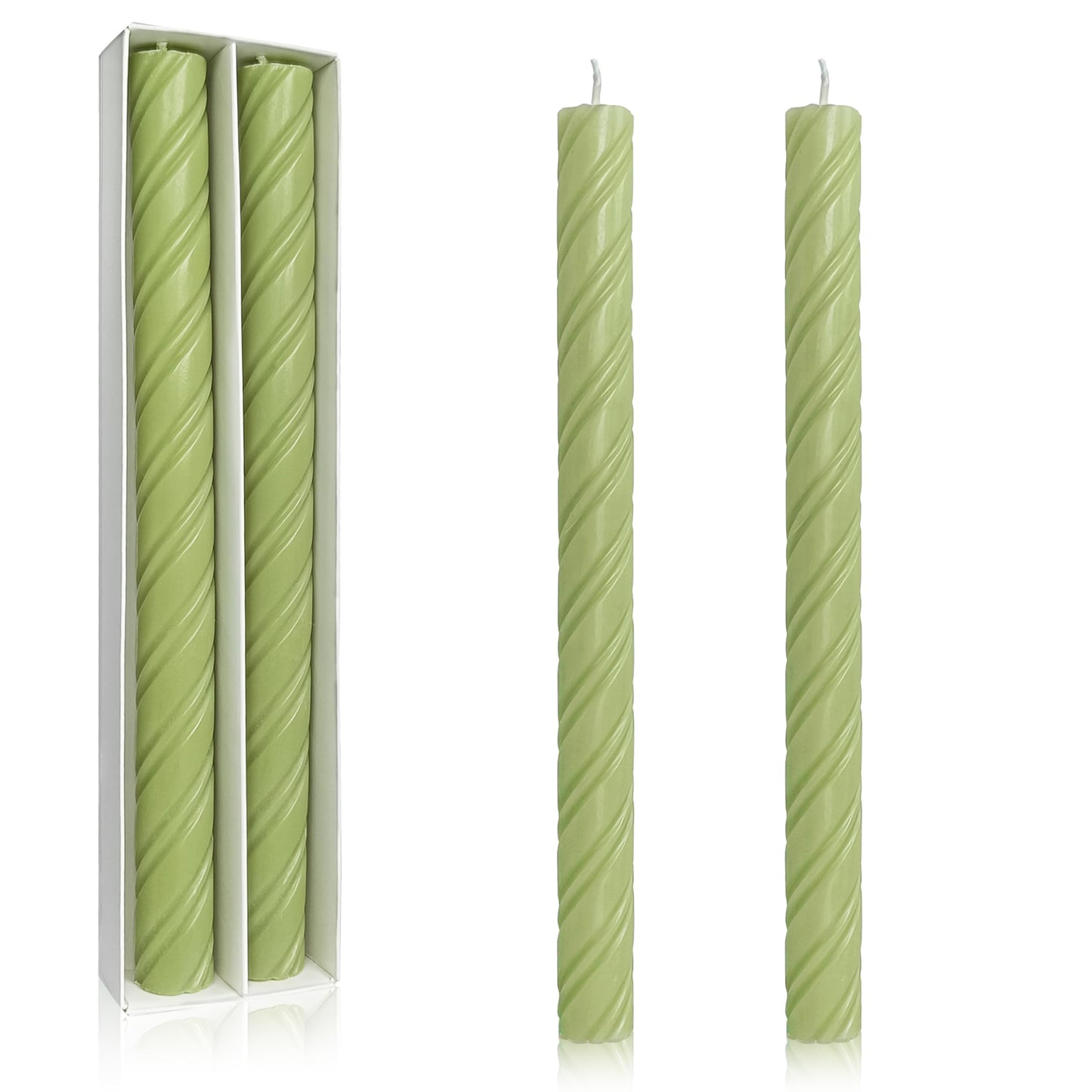 Dripless Taper Candles Unscented Grass Green Spiral Candles Smokeless Long Dinner Candles 10 Inch Long Lasting Burn Candlesticks for Home Decoration Christmas Gifts (2Pcs)
