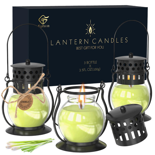 Citronella Candles Outdoor with Vintage Lantern - 3pcs 3.5oz DEET Free Lemongrass Scented Candles for Camping Patio Garden, Natural Citronella Soy Wax Candle, Gifts for Women