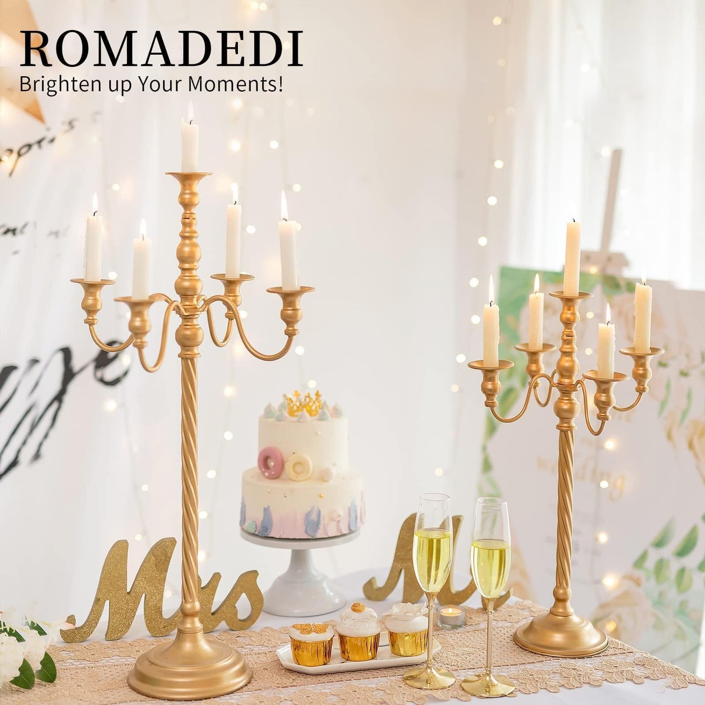 Romadedi Candelabra Gold Candle Stand: 28" Tall 5-Branch Candlestick Holder for Wedding Centerpiece Decor Christmas Holiday Event Reception Decoration,2Pcs