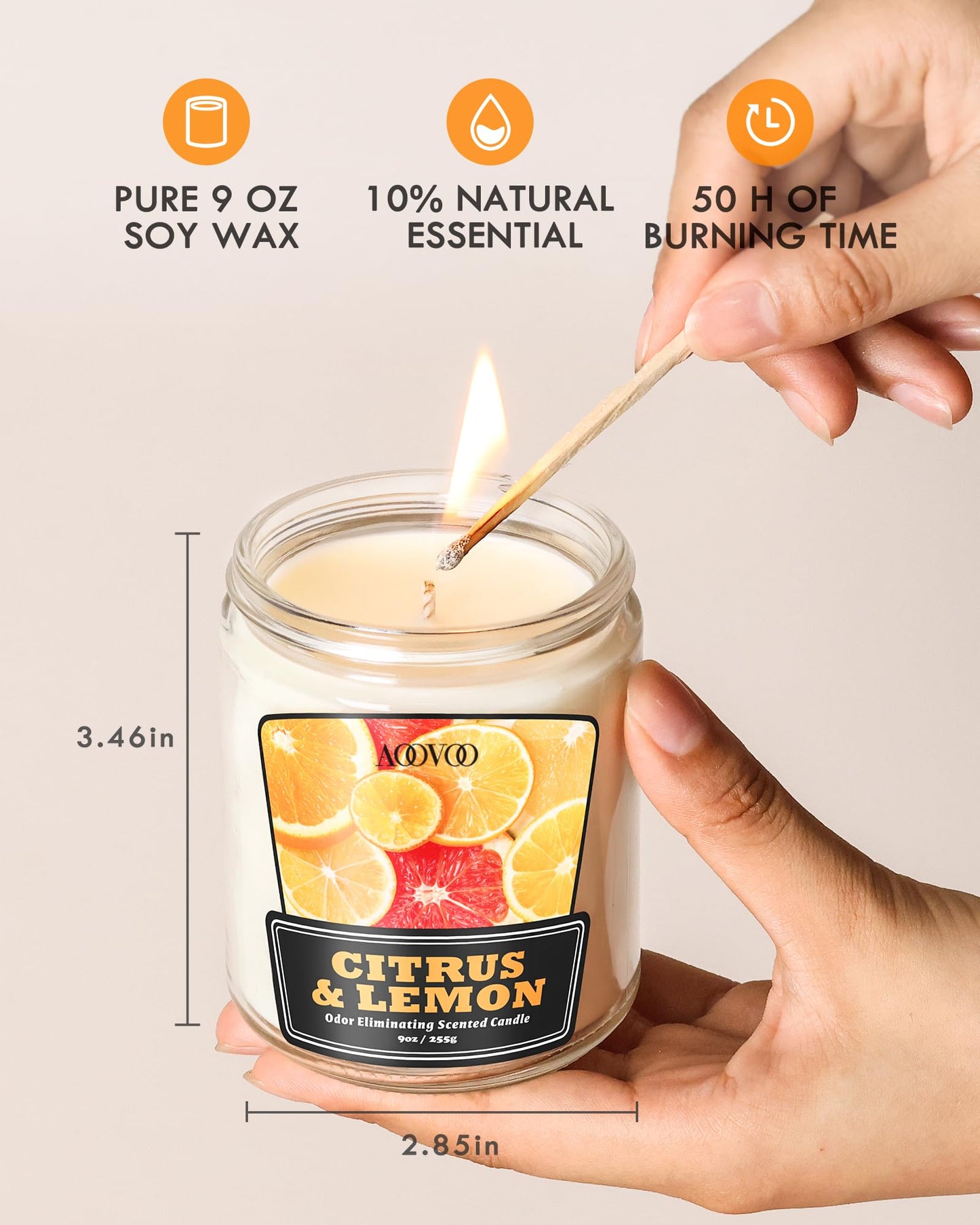 AOOVOO Citrus Lemon Odor Eliminating Candle - 9 oz Non Toxic Highly Fragranced Air Freshing Soy Candle, Eliminates 95% of Smoke, Pet, Food, and Other Smells Quickly, Up to 50 Hours Burn time