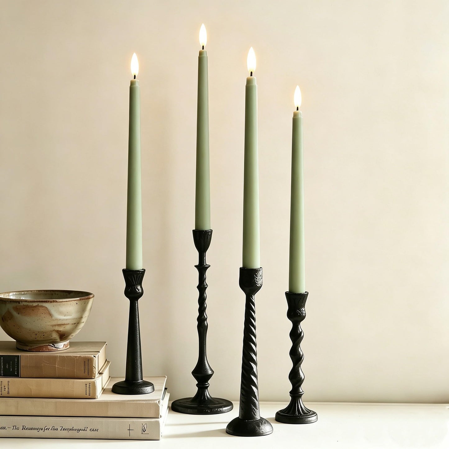 Ni-JASW Sage Green Flameless Taper Candles with Remote, Realistic Flickering Battery LED Candlesticks Home Decor Set of 12