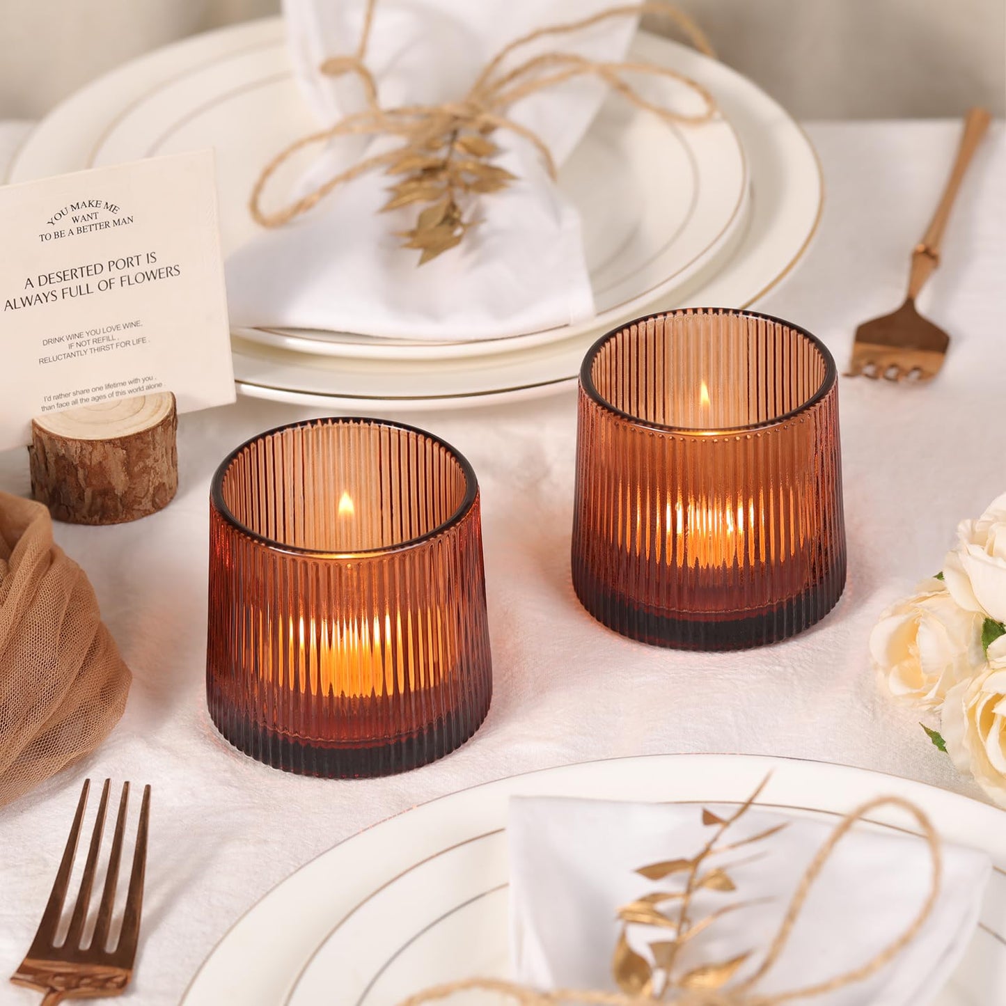 Amber Ribbed Tealight Votive Candle Holders Set of 10- Votive Candle Holders for Table Centerpiece, Tea Light Candle Holder Glass for Wedding and Home Decor, Blue Decor and Gifts