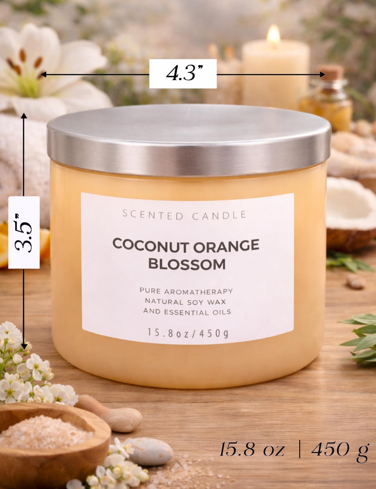 Coconut Orange Blossom Candle | 3-Wick Large Soy Candle 15.8 oz | Creamy Tropical Citrus Floral Scented Candles for Home | Strong Throw, Clean Burn Long Lasting | Aromatherapy Gift for Women