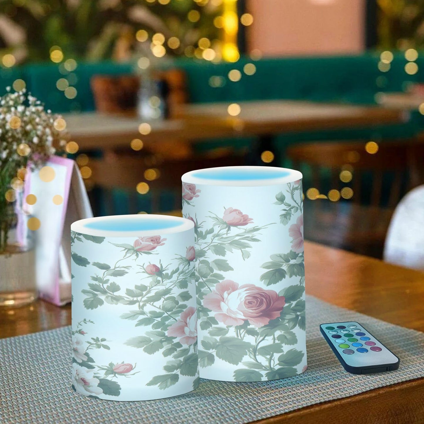 ALAZA Flower Red Rose Flat Pattern Flickering Flameless Candles Battery Operated with Remote Timer,Tea Light Candles LED Pillar Votive Candles Set of 2 for Outdoor Indoor Decorations