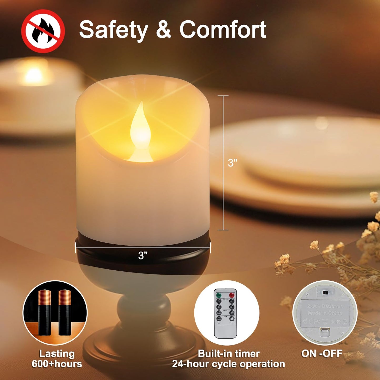 Tediselu 3"x3" Flickering Flameless Candles, Realistic LED Candles, Battery Operated Candles with Remote and Timers, Real Wax Electric Fake Pillar Candles for Festival Wedding Home Party Decor -2Pack