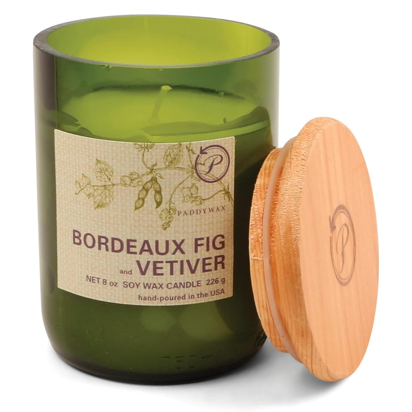 Paddywax Eco Collection Scented Soy Wax Candle in Glass Jar, Bordeaux Fig & Vetiver Fragrance, Green Vessel with Wood Lid, 8 oz