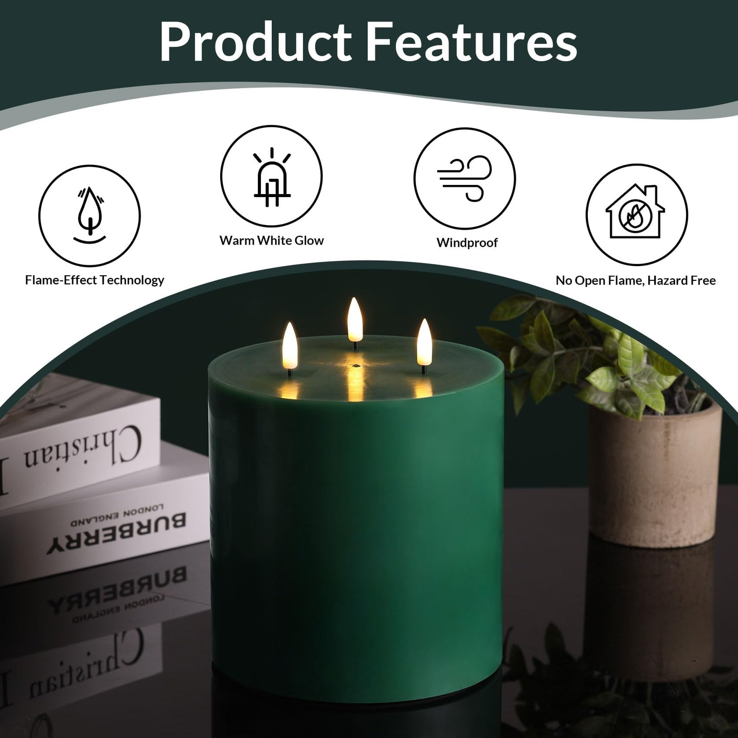 Eywamage Green 3 Wick Flameless Pillar Candle Φ 6" H 6", Giant Real Wax Flickering LED Candle with Remote