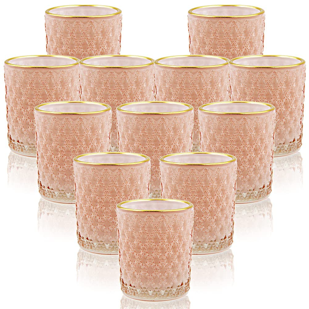 SHMILMH Pink Votive Candle Holders Set of 24, Pink Christmas Table Centerpiece Glass Tealight Holders Bulk with Gold Rim, Tea Candle Holder for Birthday Wedding Decor