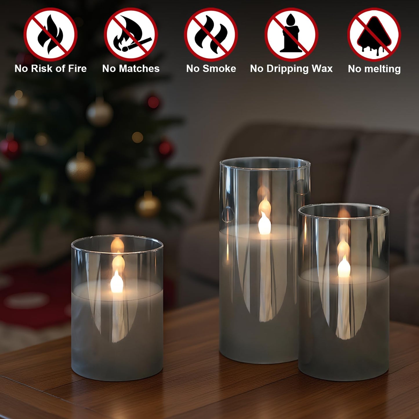 GenSwin Gray Glass Battery Operated Flameless Led Candles with 10-Key Remote and Timer, Real Wax Candles Warm White Flickering Light for Home Decoration(Set of 3)