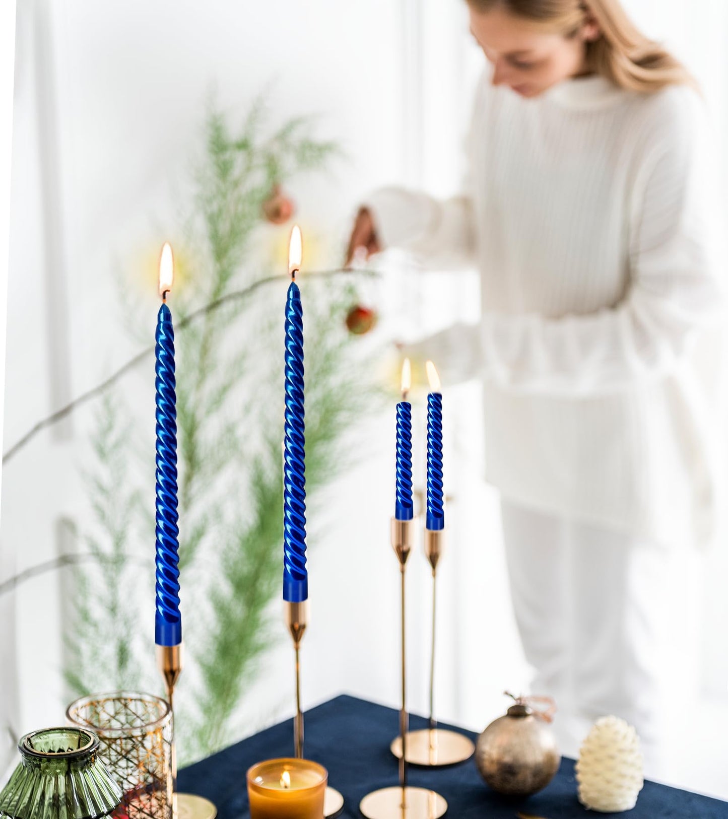 10 Inch Blue Spiral Taper Candles Set for Dinner, Unscented Dripelss Candlesticks for Home Holiday Party Decoration