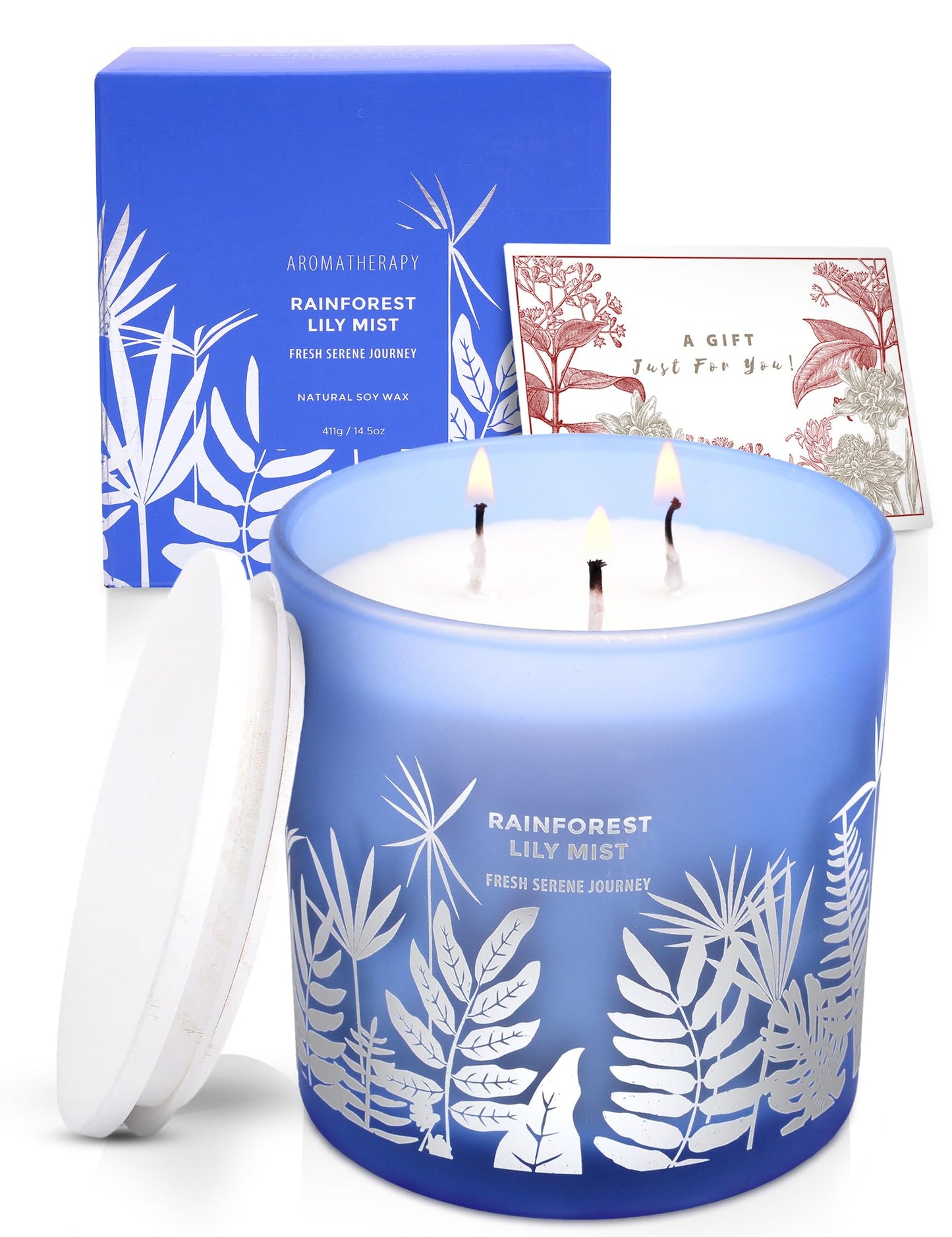 Large 3 Wick Scented Soy Candle for Home | Rainforest Lily Mist | 14.5oz Aromatherapy Spa Candle | Fresh Rain, Lily of the Valley, Jasmine & Cedarwood | Clean Burn Long Lasting | Gift for Women & Men