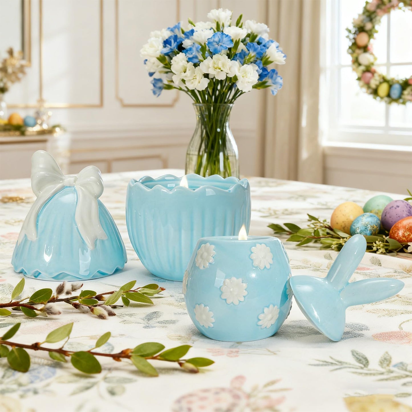 WDS WONDROUS 2-Pack Easter Bunny & Bow Ceramic Jar Candles, Egg Shaped Soy Wax Scented Candles with Daisy and Striped Design, Spring Home Decor Gift Set for Women, Blue Farmhouse Table Centerpiece