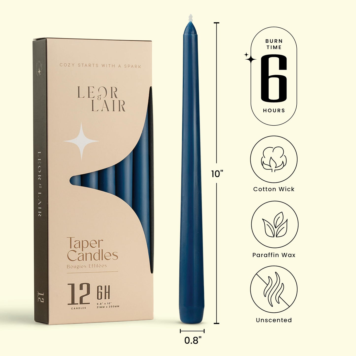 Leor & Lair Blue Taper Candles - 12 Pack 10" Blue Candlesticks - Unscented Long Burning Candle Sticks for Winter, July 4th Decoration, Dinner, Hanukkah, Weddings, Restaurants & Events