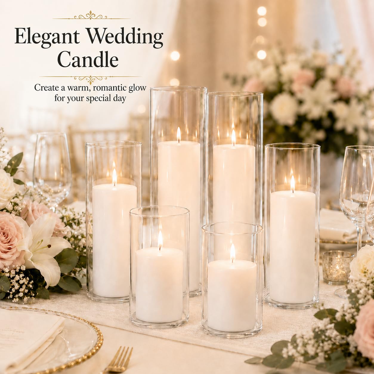 Set of 6 White Pillar Candles with Clear Glass Hurricane Holders- Elegant Cylinder Candle Vases for Weddings, Parties, Centerpieces, Home & Office Decor (White, 6 Set)