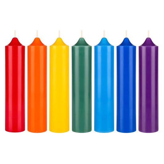 Mega Candles 7 pcs Unscented Bell Top Pillar Chakra Candles, Hand Poured Premium Wax Candle 1.5 Inch x 6.75 Inch, 100% Cotton Wick, Positive Healing Energy, Meditation, Relaxation, Reiki, Yoga