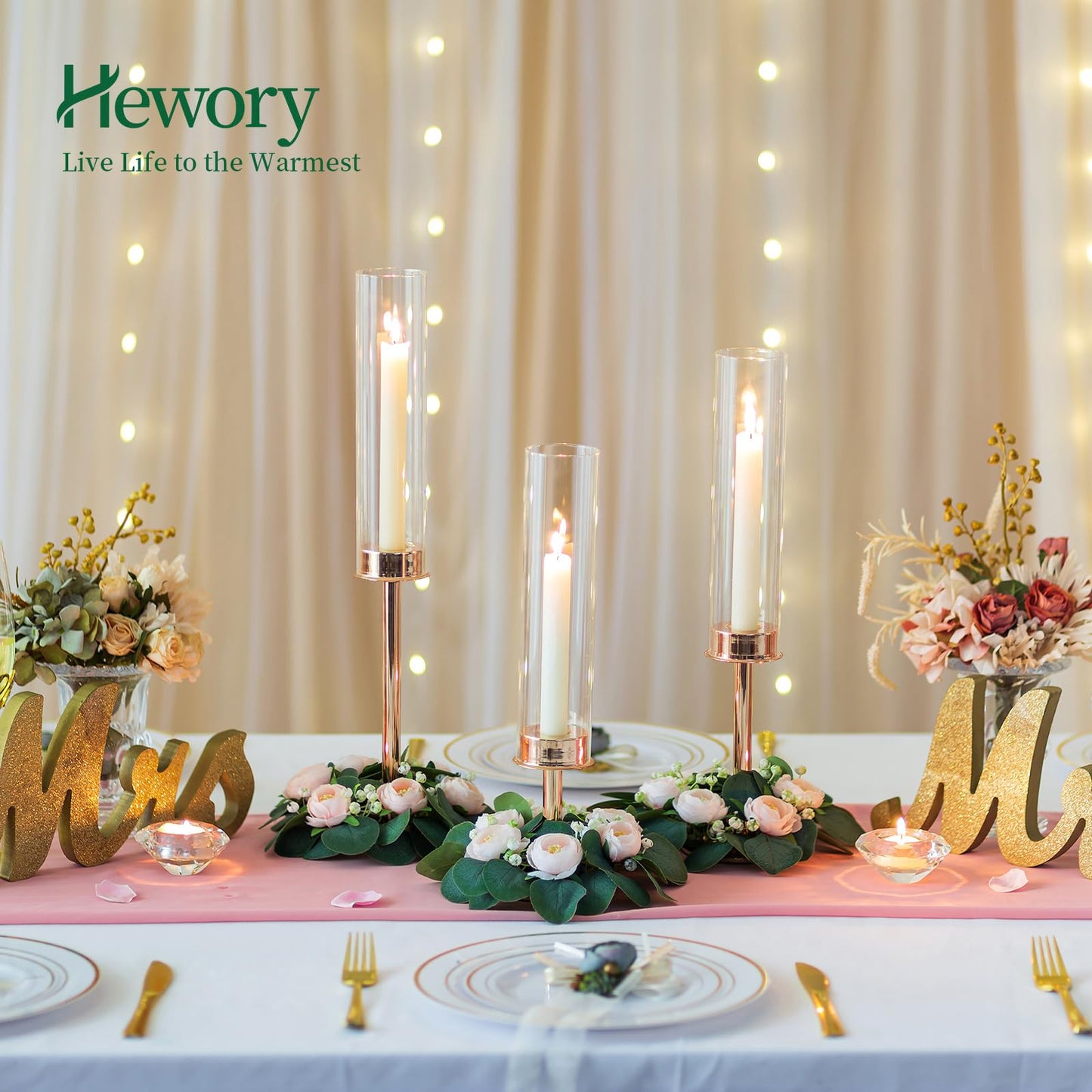 Hewory Gold Candle Holders Hurricane Candlestick Holders, 6Pcs Candle Stick Candle Holder Candelabra, Taper Candle Holders with Glass Candle Cover for Wedding Table Centerpiece Christmas Decor