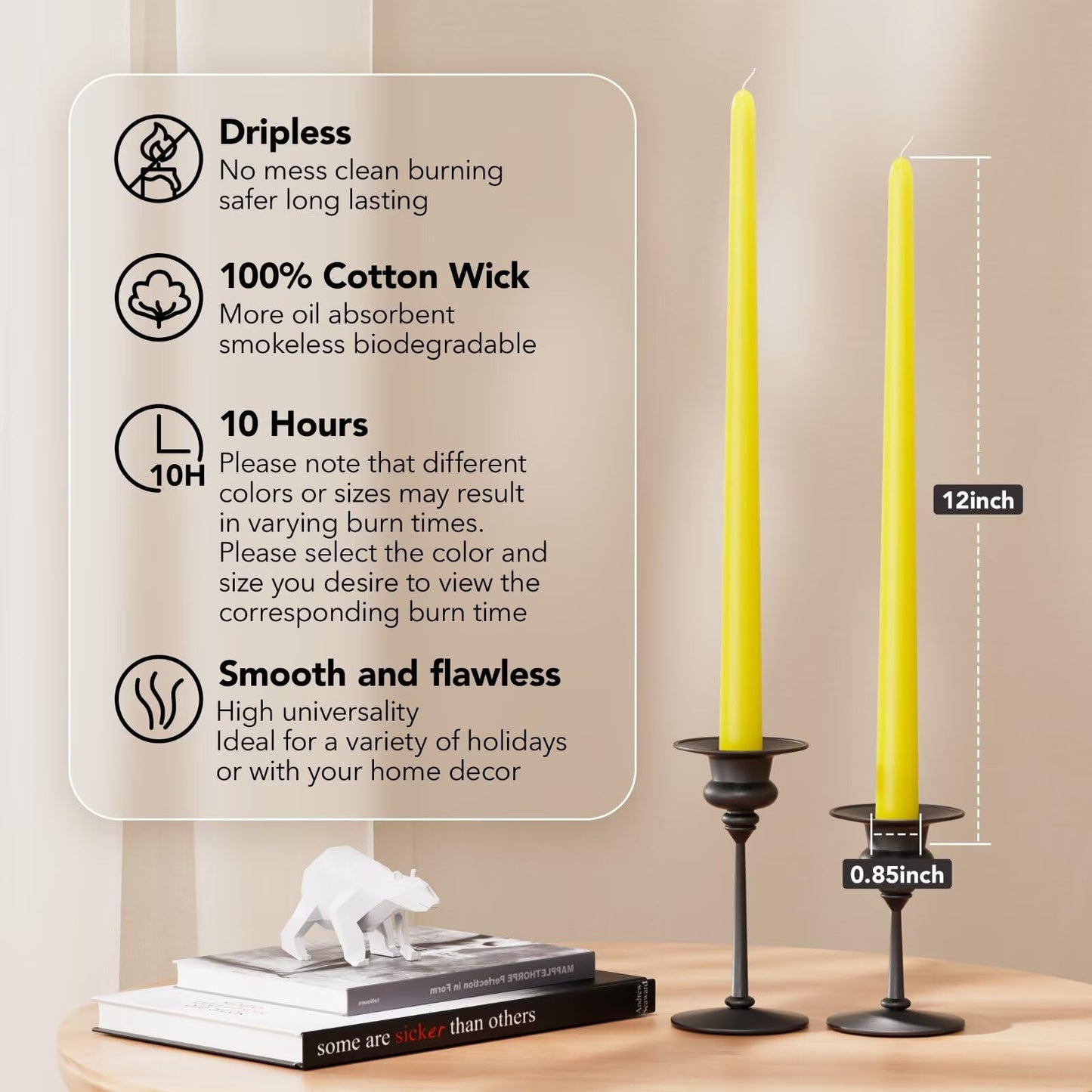 Pickood 12-Inch Tall Dripless Taper Candles Set of 4 - Yellow Tapered Candles, Perfect for Spring - Smokeless, Unscented, Long Burning - Hand Poured, Colored Tall Candlesticks - Light Yellow
