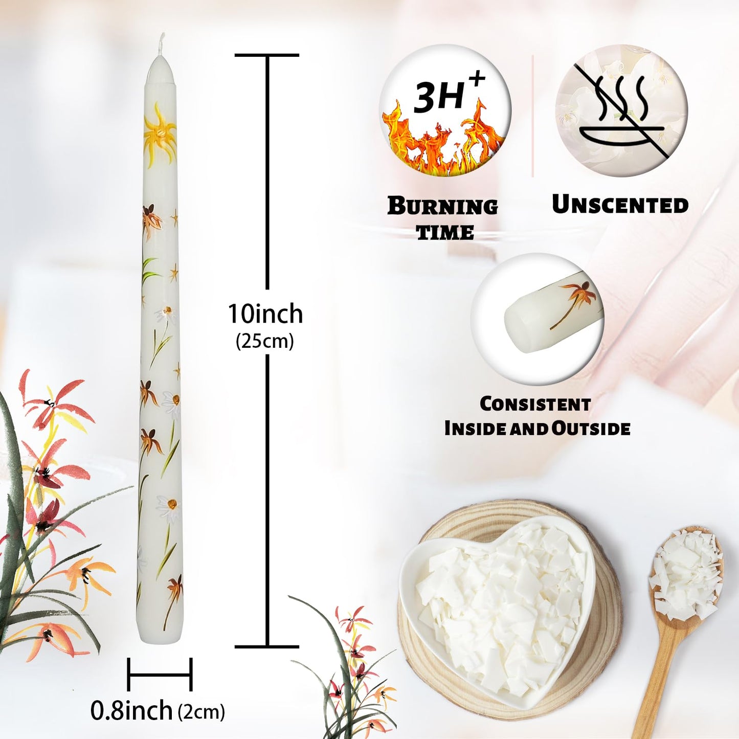 Floral Taper Candles 10 Inch Tall Unscented Handmade Renanthera Coccinea Print Long Burning Elegant Candlesticks for Wedding Dinner Home Decor