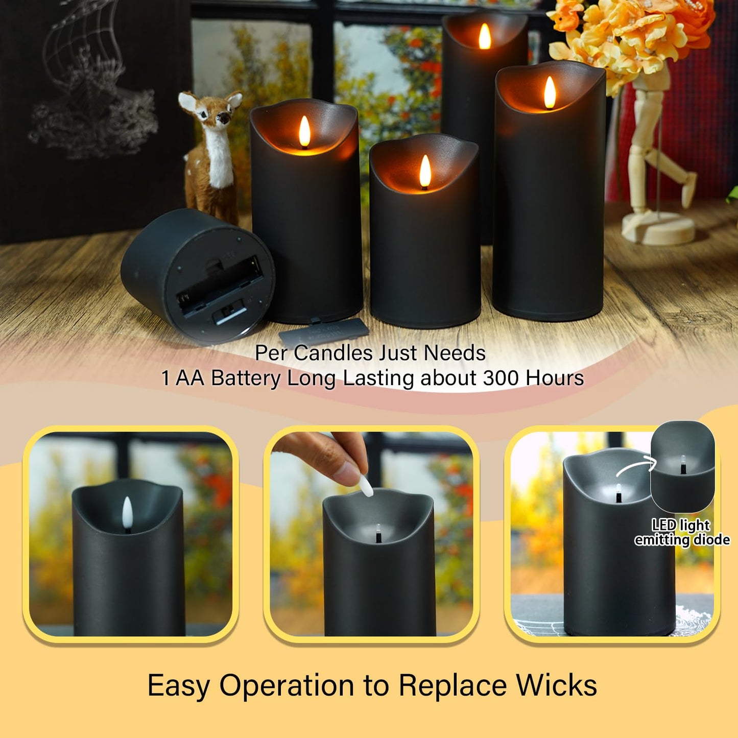 Nimiko Flameless Candles with Remote, Battery Operated Flickering Flameless Candles, LED Candles with Timer 2/4/6/8H, with Realistic LED Candles Set of 24 (D3 x H 3" 4" 5") (Black)