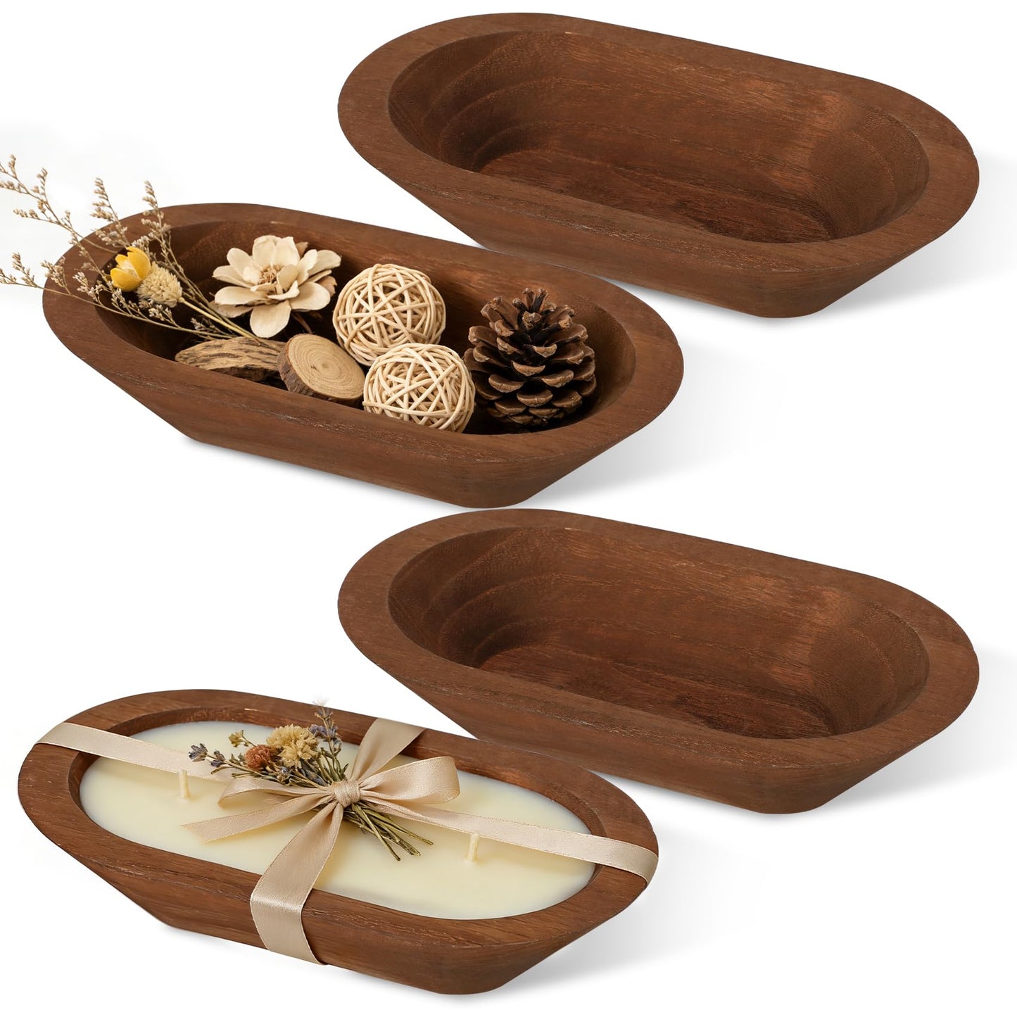 4 Pack Wooden Dough Bowls 8.5-inch Rustic-Style Dough Bowls, Vintage Design, Perfect for Table Centerpieces, Living Rooms, and Candle Making, Brown