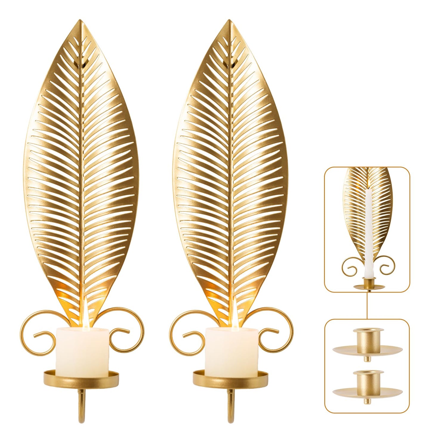 Gold Wall Candle Sconces Set of 2, Taper & Pillar Wall Iron Candelabra, Metal Golden Leaf Decor Sconce for Entryway Stair Corner Living Room, Farmhouse Fireplace,Gifts for Men Women Mom or Dad(Gold)