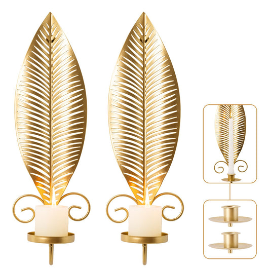 Gold Wall Candle Sconces Set of 2, Taper & Pillar Wall Iron Candelabra, Metal Golden Leaf Decor Sconce for Entryway Stair Corner Living Room, Farmhouse Fireplace,Gifts for Men Women Mom or Dad(Gold)
