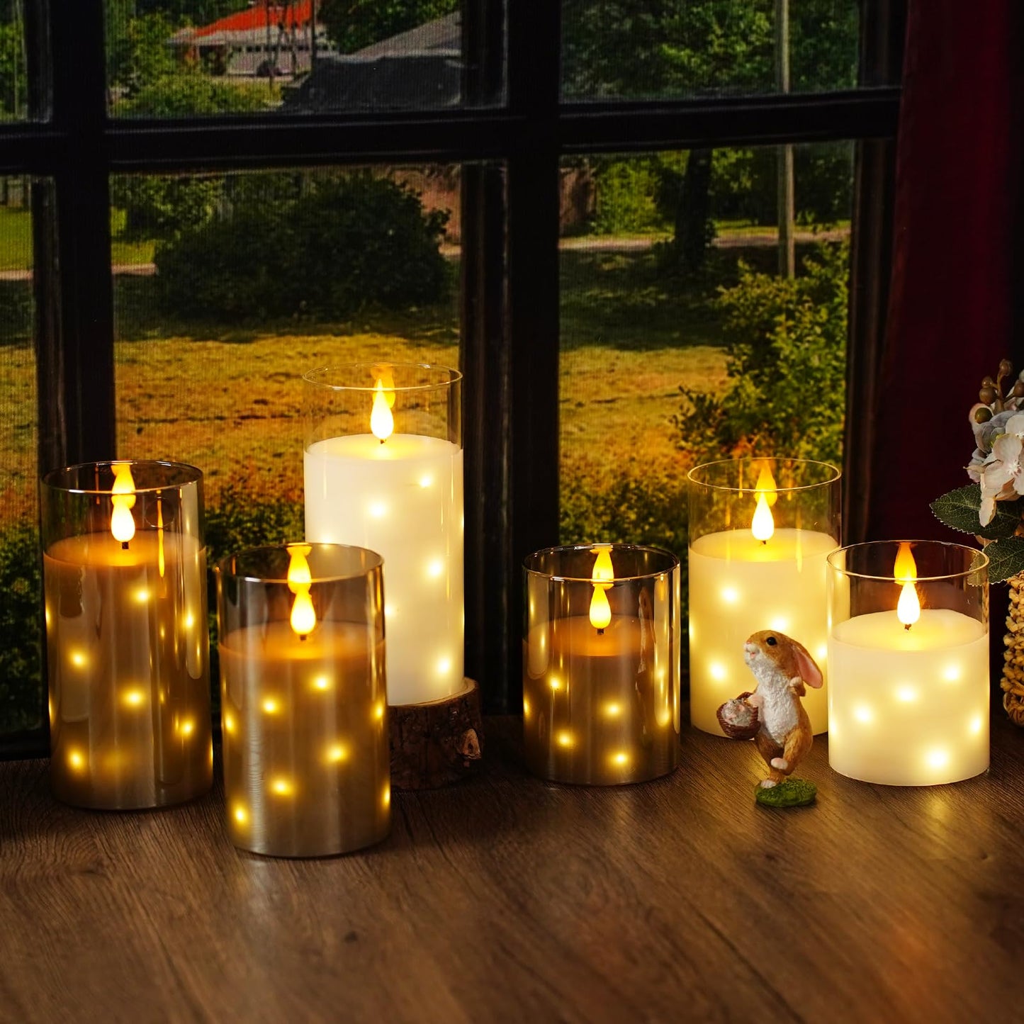 Nimiko Real Wax Flameless Candles Glass,Battery Operated LED Candles with Flickering Flame,Glass Shell,Interior Star Light Decoration Set of 3 Grey (D 3"×H 4" 5" 6") for Home Decor,Holiday Decoration