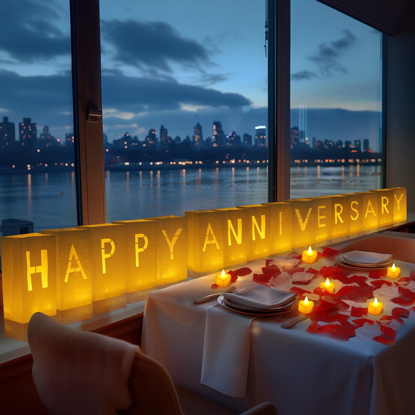 Homemory Happy Anniversary Decoration Light Up Letters with Flameless Candles and 2000 Fake Rose Petals, Valentine's Day Luminary Bags Happy Anniversary Banner Sign Romantic Party Decor for Wedding
