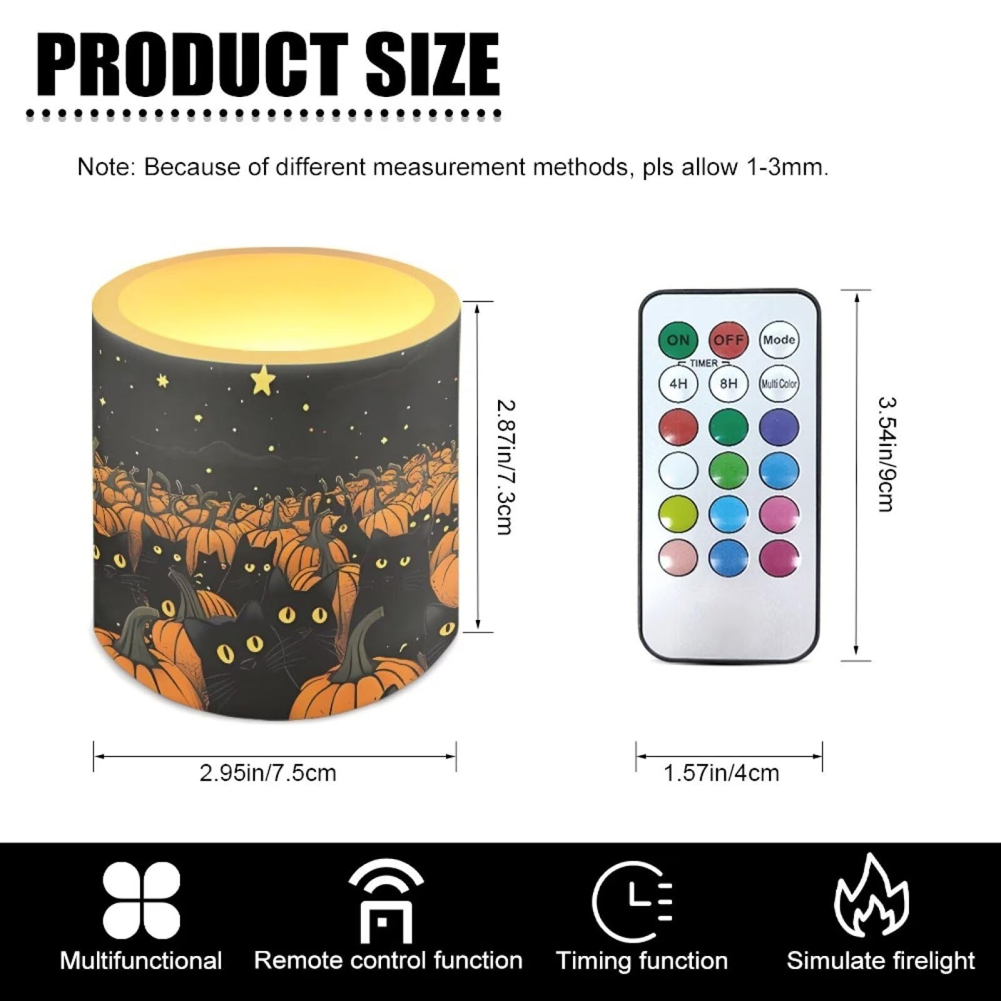 Merkmak Trick or Treat Day Flameless Candles with 18-Key Remote Battery Operated Candles with Timer, Pumpkin Black Cat Print LED Pillar Tea Lights for Halloween Party Home Decoration