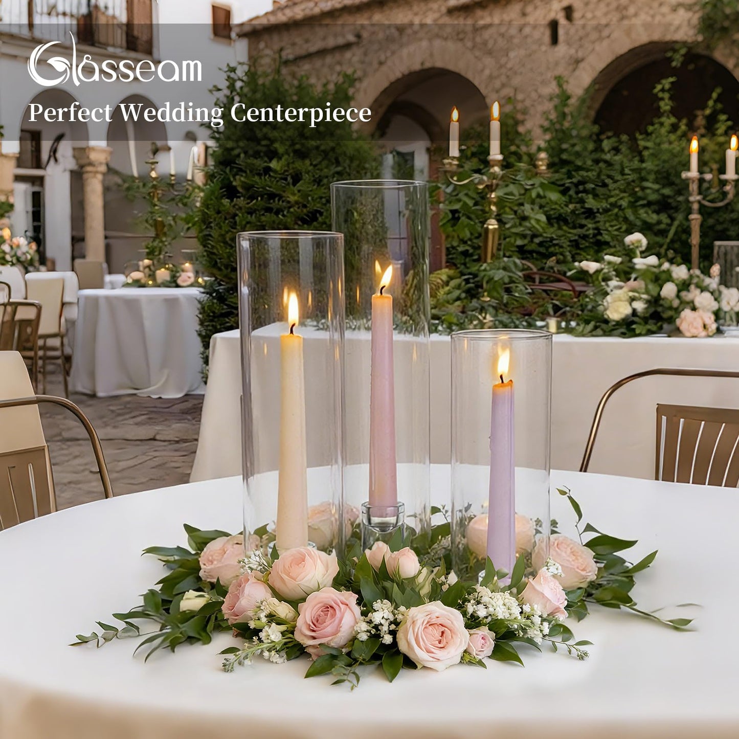 Glasseam Hurricane Taper Candle Holders: Set of 3 Glass Candlestick Holders with Clear Tall Cylinder Candle Sleeves for Centerpiece Table Outdoor Wedding Home Decor 9.84''/11.84''/13.78''