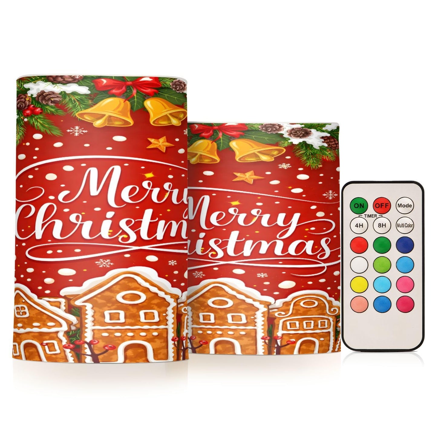 BOENLE Flickering Flameless Candles, Christmas Gingerbread Holly Berry Bell LED Candles with Remote Timer, Set of 2 Battery Operated Candle for Valentine Wedding Birthday