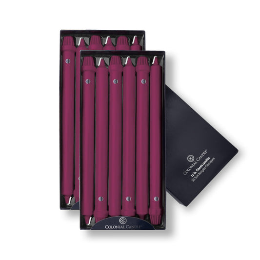Colonial Candle Unscented Taper Candle, Classic Collection, Mulberry, 12 in, Pack of 12 - Up to 10 Hours Burn