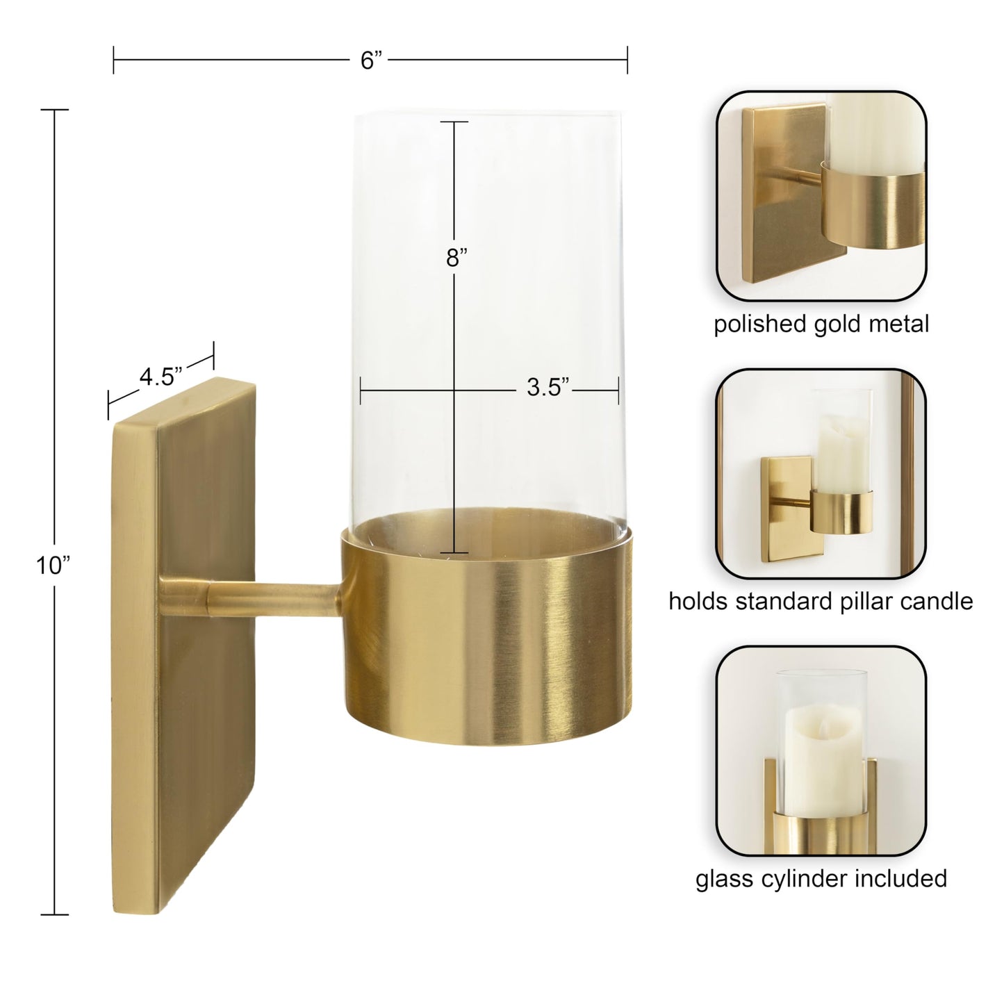 Kate and Laurel Zabler Modern Metal Wall Sconce; 5 x 6 x 10; Gold; Round Candle Holder with Removable Glass Cylinder for Flameless Candle Display in Bedroom or Bathroom