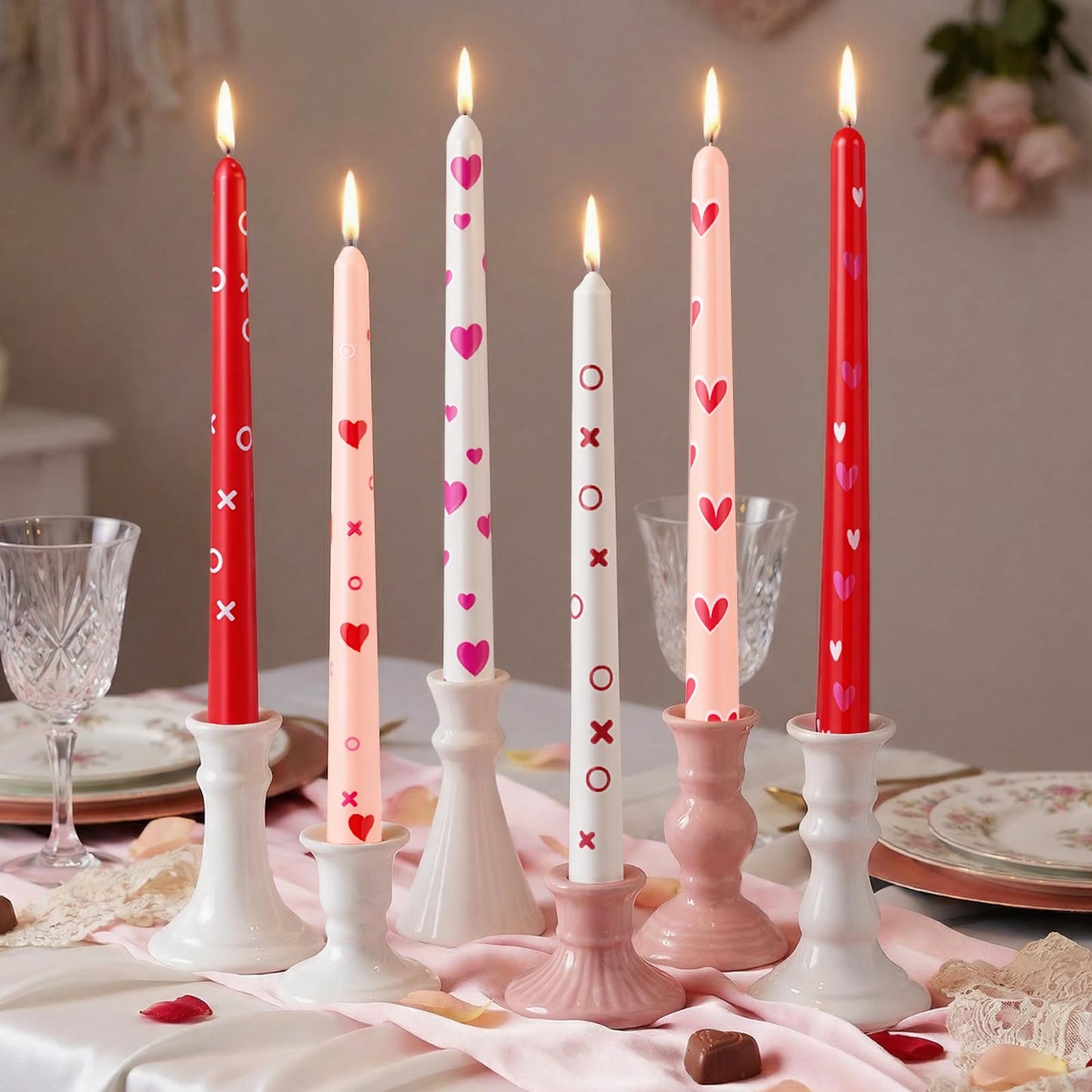 Nuanchu 12 Pcs Valentines Heart Taper Candles Valentine's Day Pink Red Heart Decorative Candles Scented Long Unscented Candlesticks for Wedding Anniversary Birthday Party Holiday Table Decor