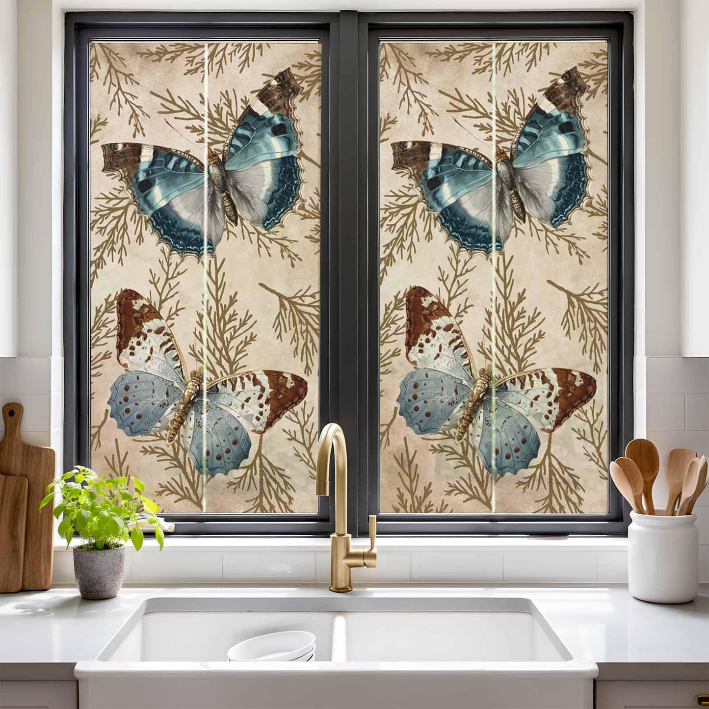 Vintage Butterflies Privacy Window Film, Brown Branch Leaf Plant Insects Stained Glass Film Non-Adhesive Window Clings, UV Blocking Static Sticker Covering Reusable for Home 19.6x39.3in