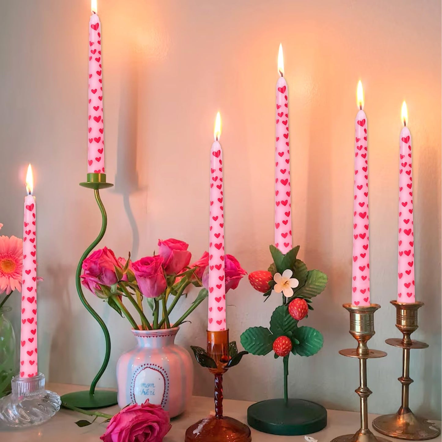 JarThenaAMCS 6Pcs Valentine Taper Candles 10 Inch Pink Red Heart Decorative Candles Long Unscented Candle Sticks for Birthday Wedding Anniversary Party Home Table Decor