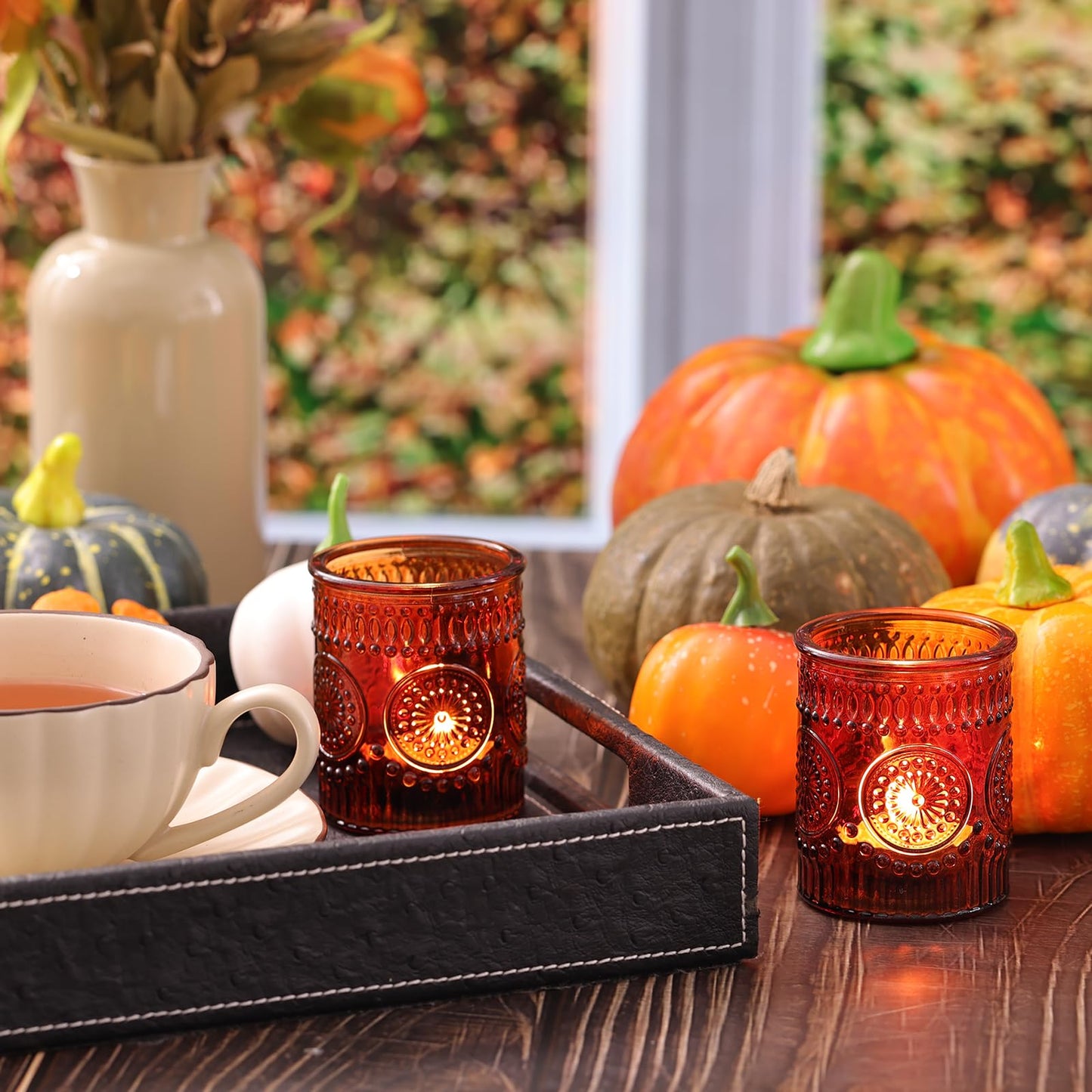 Lanttu Amber Votive Candle Holder Set of 12, Glass Tea Light Candle Holders for Home Table Centerpiece, Dinner Parties, Weddings Decor