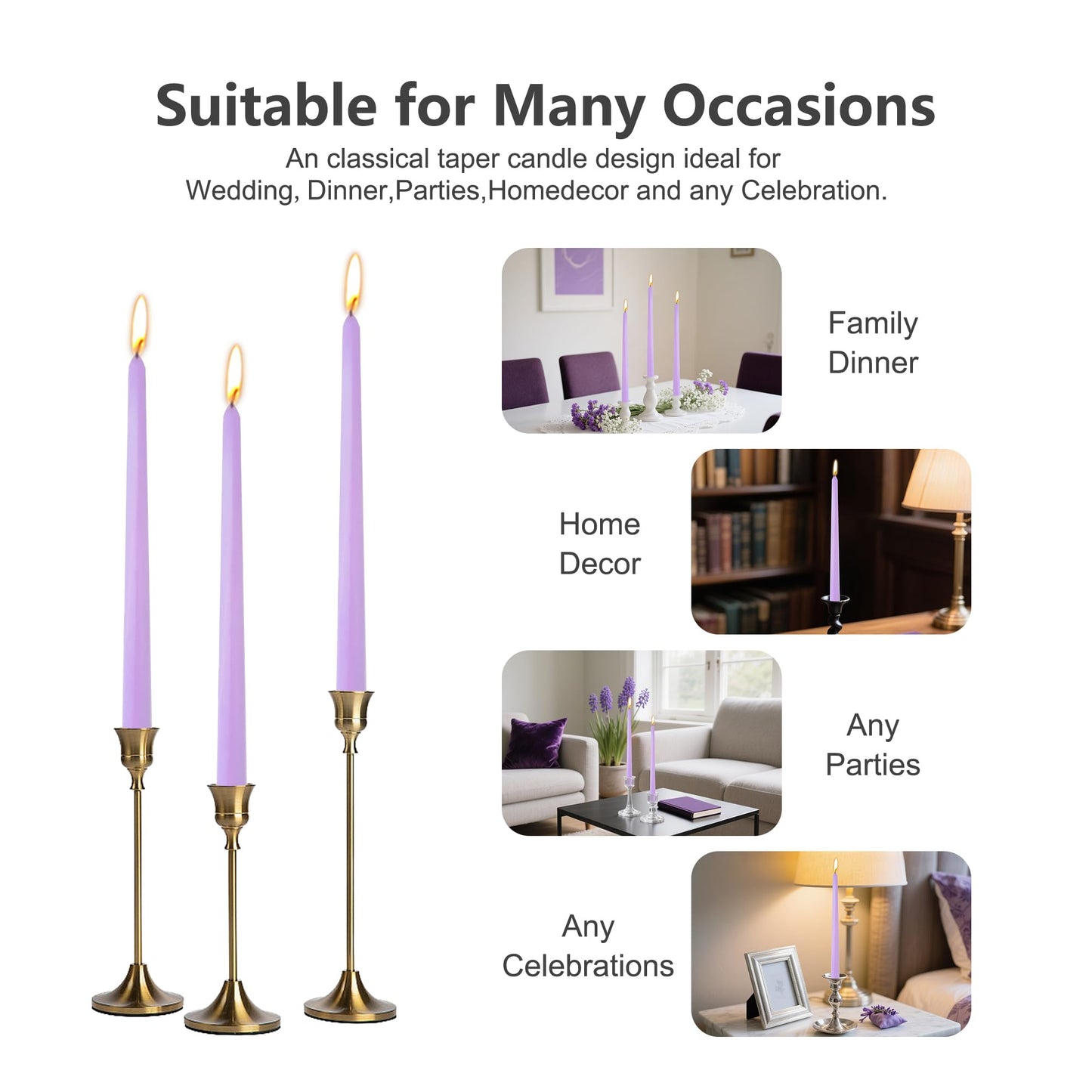8 Pack 10 Inch Lavender Purple Taper Candles for Dinner Home Decor Wedding Shower