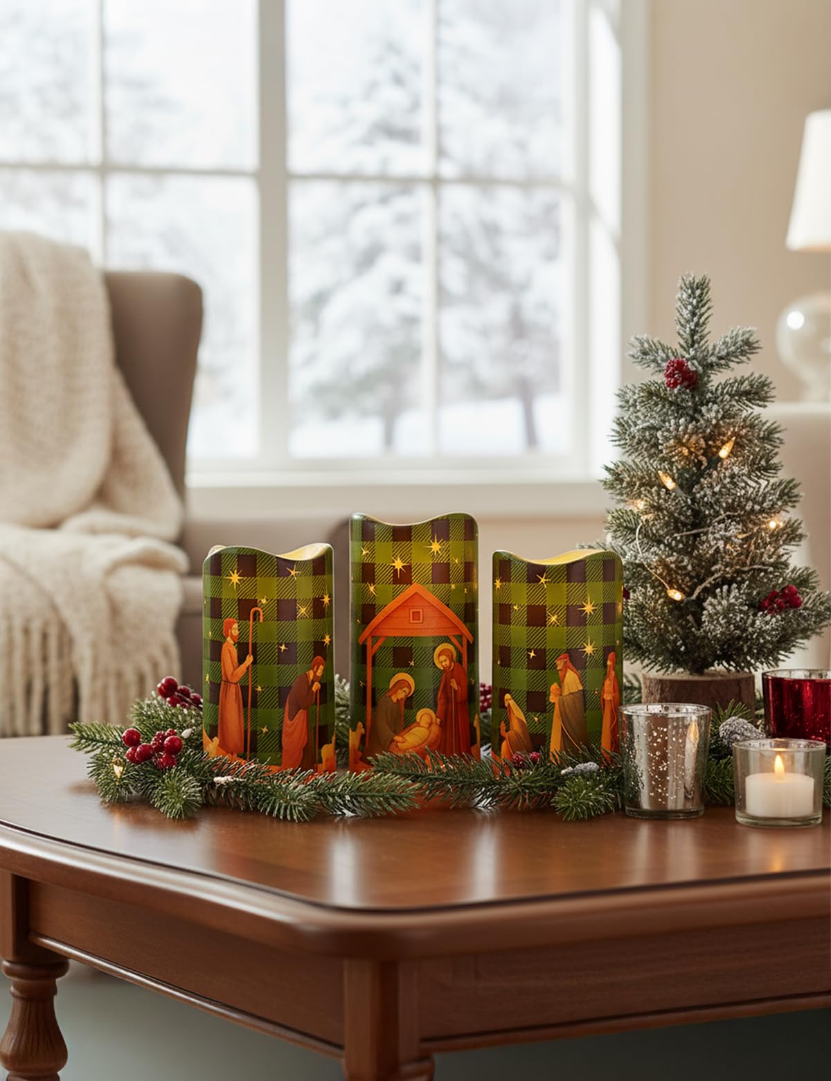Glflickerow 3Pcs Christmas Green and Black Nativity Scene Flameless Candles LED Pillar Jesus Religion Candle Battery Operated with Timer for Xmas Christian Holiday Table Home Decor Church Party