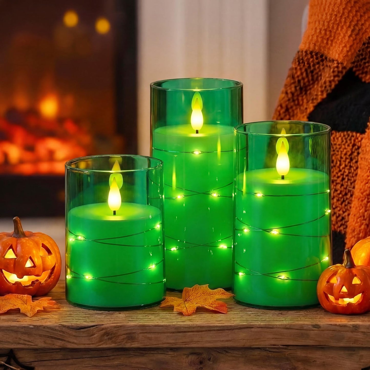 Homemory St. Patrick's Day Flameless Candles with Embedded Star String Fairy Lights, Green Battery Operated Candles, LED Candle, Fake Candles with Remote Control and Timer, Set of 3(H 4" 5" 6”)