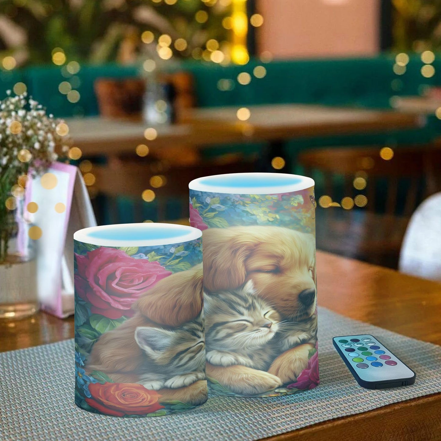 ALAZA Sleepy Dog Cat Roses Flickering Flameless Candles Battery Operated with Remote Timer,Tea Light Candles LED Pillar Votive Candles Set of 2 for Outdoor Indoor Decorations
