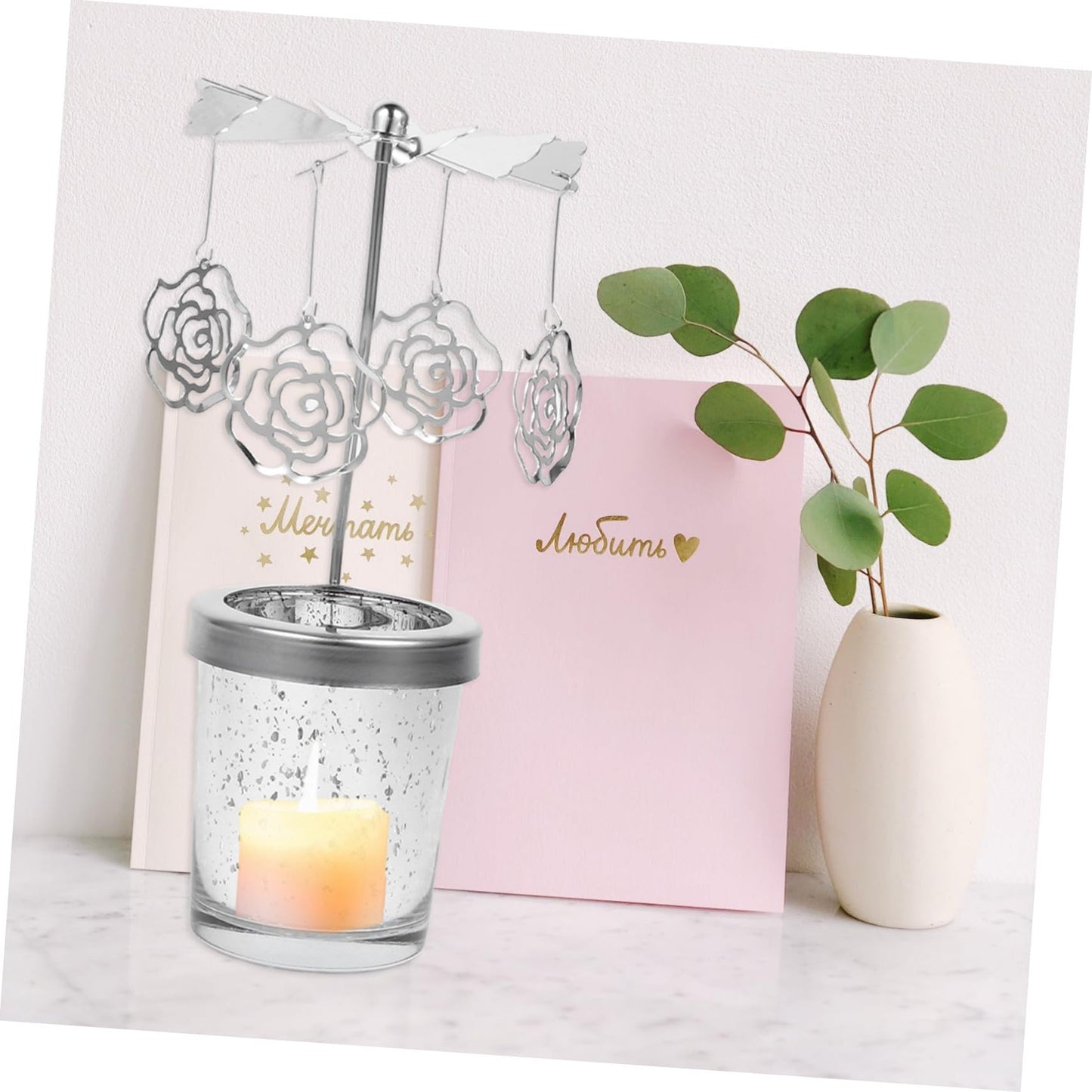 CONGARTENO Rotating Metal Candlestick Holder with Dangling Pendants Romantic Dinner Cup Carousel for Home Wedding Christmas Table Decor Spinning Centerpiece for Party Ambiance