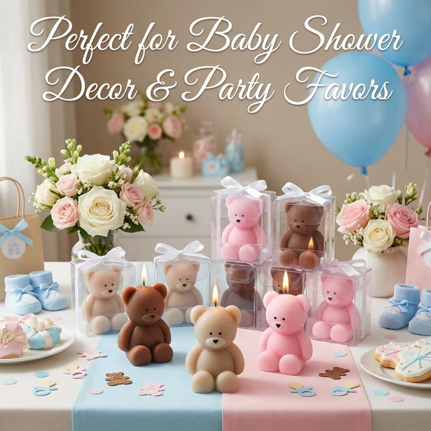 Dansib 50 Pcs Bear Baby Shower Candle Favors for Guest Bear Party Favors Baby Shower Candles Bulk for Gifts Party Decorations (Light Brown,Dark Brown,Pink)